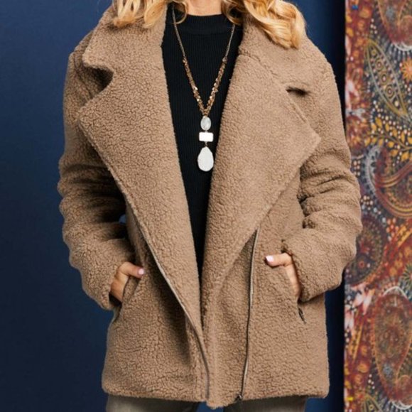 NWT Suzanne Betro Taupe Lapel Zip Pocket Lined Fuzzy Teddy Coat Plus siz… - Picture 1 of 9